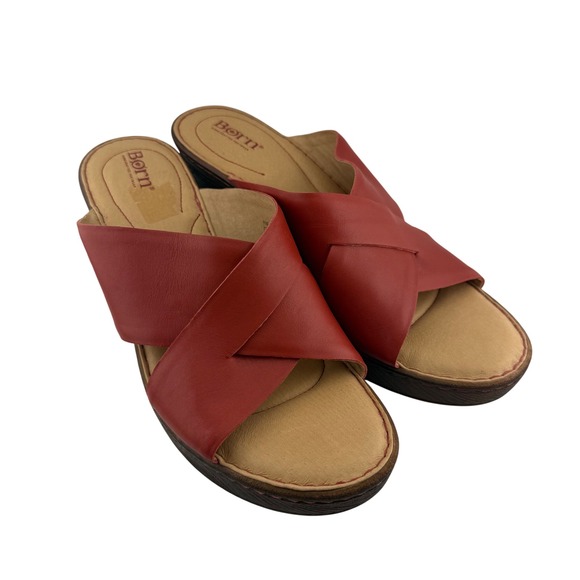 Born Shoes - Born Wedge Sandals Women 11M Red Leather Crisscross Slide 3" Heel